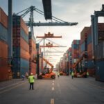 Shipping containers stacked high at a busy port with cranes and forklifts.