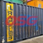 A dark gray shipping container with red and blue logos.